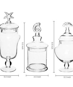MyGift Clear Glass Apothecary Jars with Lid, Decorative Seashell Design Bathroom Canister, Footed Candy Buffet Containers, Set of 3 26 811gyiSlRGL