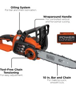 BLACK+DECKER 20V MAX Chainsaw Kit, Cordless, 10 inch, Tool-Free Chain Tensioning, Oil Lubrication System, Battery and Charger Included (LCS1020) 20V Chainsaw Kit 28 811iutGL7RS