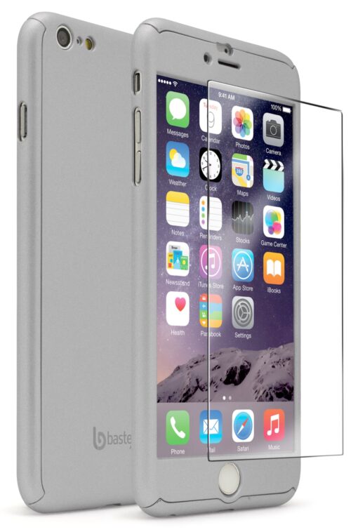 iPhone 6S Plus Full Body Slim Fit Case with Tempered Glass Screen Protector Ultra Thin Light Weight Hard Silver Snap-On for Apple iPhone 6 Plus 5.5