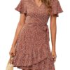 Naggoo Women's Summer Wrap V Neck Polka Dot Print Ruffle Short Sleeve Mini Floral Dress with Belt X-Large Burnt Orange Floral 14 812 dsNkzNL