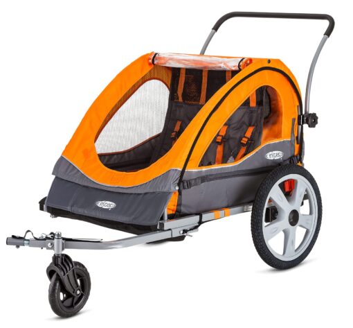 Instep Quick-N-EZ Double Tow Behind Bike Trailer for Toddlers, Kids, Converts to Stroller, Jogger, 2-in-1 Canopy, Universal Bicycle Coupler, Folding Frame, Multiple Colors Orange