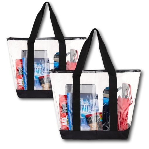 [Pack Of 2] Clear Tote Bags for Work, Beach, Stadium, Security Approved With Zipper Closure Black Beach & Work