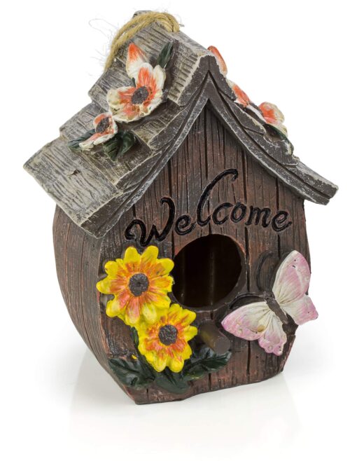 Dawhud Direct Hanging Bird Houses for Outside, Hand-Painted Bird Houses for Outdoors Decorative Birdhouses (Butterfly and Flowers Welcome) Butterfly and Flowers Welcome