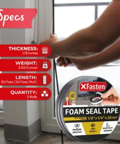 Alternative view of XFasten Black Foam Seal Tape with Adhesive, 1/8-Inch-Thick, 1/4-Inch x 20-Foot (3-Pack), High-Density Weather Strip Tape for Window, Door, Pipe and AC Insulation- Neoprene Insulation Foam Strip Tape 1/4-Inch x 20-Foot (3-Pack)