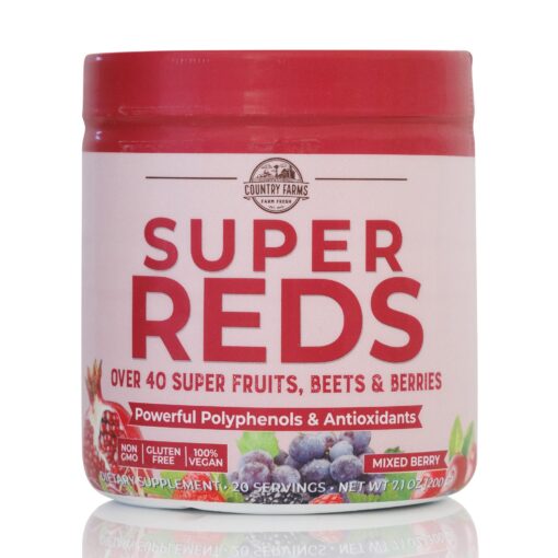 COUNTRY FARMS Super Reds, Energizing Polyphenol Superfood, 48 Super Fruits and Berries, Powerful Antioxidants and Polyphenols, Supports Energy, 20 Servings, Mixed Berry Flavor 7.1 Ounce (Pack of 1)