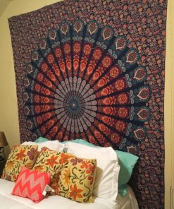 Bless International Handmade Indian hippie Bohemian Psychedelic Peacock Mandala Wall hanging College Dorm Beach Throws Table Cloth Bedding Tapestry (Golden Blue, Twin(54x72Inches)(140x185cms)) Twin (54x72Inches)(140x185cms) Golden Blue 25 812PN7EnvAL