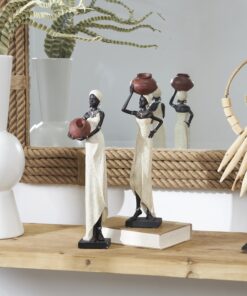 Alternative view of Deco 79 Polystone Woman Standing African Sculpture with Red Water Pots and Black Base, Set of 2 16"H, 4"W, Cream