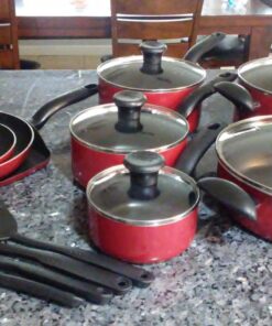 T-fal Initiatives Nonstick Cookware Set 18 Piece Oven Safe 350F Pots and Pans, Dishwasher Safe Red 18-Piece 51 812UnsVJ2sL