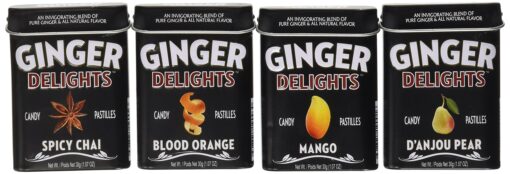 Big Sky Ginger Delights - Spiced Chai, Blood Orange, Mango, and D'Anjou Pear - Variety 4 Pack - Naturally Flavored Ginger Mints in Resealable Metal Tin Pear,Ginger