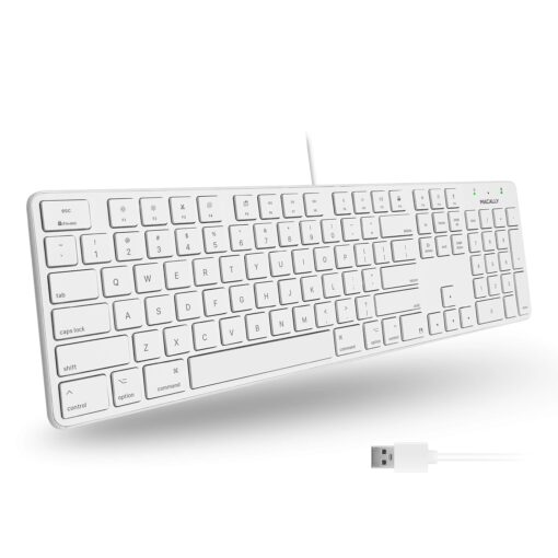 Macally Slim USB Wired Keyboard for Mac and Windows PC - Full Size 104 Key Layout & 16 Shortcut Keys - Scissor Keycaps for Smooth Typing - Mac Wired Keyboard with Numeric Keypad White