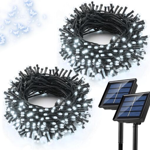 LALAPAO 2 Pack Solar String Lights 72ft 22m 200 LED 8 Modes Solar Powered Xmas Outdoor Lights Waterproof Starry Christmas Fairy Lights for Indoor Gardens Homes Wedding Holiday Party (White) White 144ft