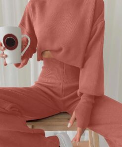 Alternative view of ANRABESS Women's Two Piece Outfits Sweater Sets Long Sleeve Turtleneck Knit Crop Pullover and Wide Leg Pant Lounge Sets Rust Large