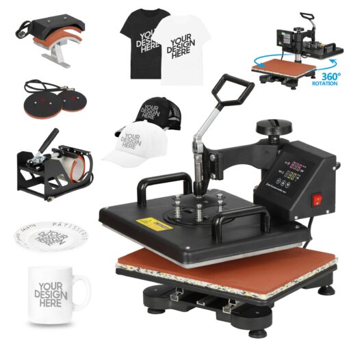 F2C 5 in 1 Pro Heat Press Machine 12x15 Digital Heat Transfer Sublimation Swing-Away for Hat Mug Plate Cap T-Shirt 360-degree Rotation Multifunction Combo Kit Black 110V