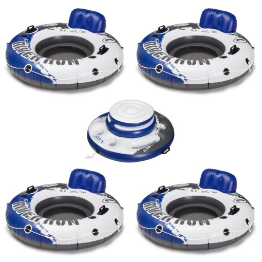 Intex River Run Inflatable 1 Person Floating Water Tube Lounger (4 Pack) with Mega Chill Inflatable Floating Cooler for Lakes and Pools