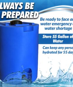 Blue 55 Gallon Water Storage Tank by WaterPrepared - Emergency Water Barrel Container with Spigot for Emergency Disaster Preparedness - Stackable- Includes 5 Year Water Treatment 12 813I3ngrjRL