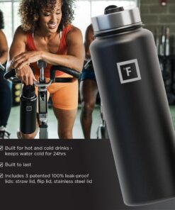 IRON °FLASK Sports Water Bottle - 40 Oz 3 Lids (Straw Lid), Leak Proof - Stainless Steel Gym & Sport Bottles for Men, Women & Kids - Double Walled, Insulated Thermos, Metal Canteen Midnight Black 22 813TnbJKoIL