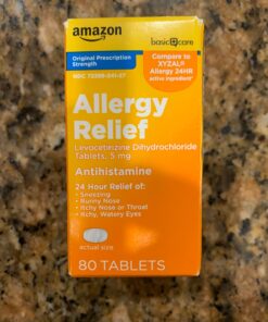 Amazon Basic Care 24 Hour Allergy Relief, Levocetirizine Dihydrochloride Tablets, 5 mg, Antihistamine, Relieves Sneezing, Runny Nose, Itchy Nose or Throat and Itchy, Watery Eyes, 80 Count 52 813VUNjYbpL