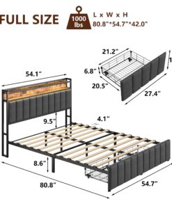 Alternative view of MEIJUJIA Full Size Bed Frame with 2 Storage Drawers and LED Lights Headboard, Upholstered Full Bed Frame with Charging Station, No Box Spring Needed, Easy Assembly - Grey