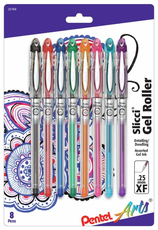 Pentel Arts Slicci 0.25 mm Extra Fine Gel Pen, Assorted Ink, 8 Pack (BG202BP8M) 0.25mm 8 Count (Pack of 1)