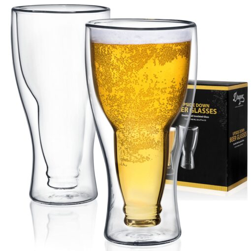 Dragon Glassware Beer Glasses, Clear Double Wall Insulated Pub Mugs, Upside Down Design, Holds One Full Beer Bottle, Freezable Glass for Beer Lovers, 13.5 oz Capacity, Set of 2 2 Count (Pack of 1)