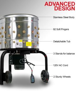 Kitchener Chicken Plucker De-Feather Remover Poultry and Fowl Food Processor Electric Stainless Steel Heavy Duty 1HP 120VAC 280RPM GFCI Connector 92 Soft Fingers 20" Drum Diameter 22 813w3UgK5L