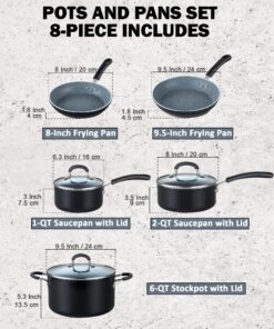 Cook N Home Pots and Pans Nonstick Kitchen Cookware Sets include Saucepan Frying Pan Stockpots 8-Piece, Heavy Gauge, Stay Cool Handle, Marble 8 8148GiRGJ5L