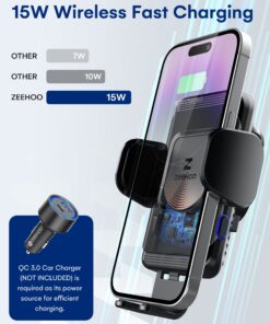 ZeeHoo Wireless Car Charger,15W Fast Charging Auto-Clamping Car Mount,Windshield Dash Air Vent Phone Holder for iPhone 15 14 13 12 Mini 11 Pro Max XS XR Black 30 8149RelXDzL