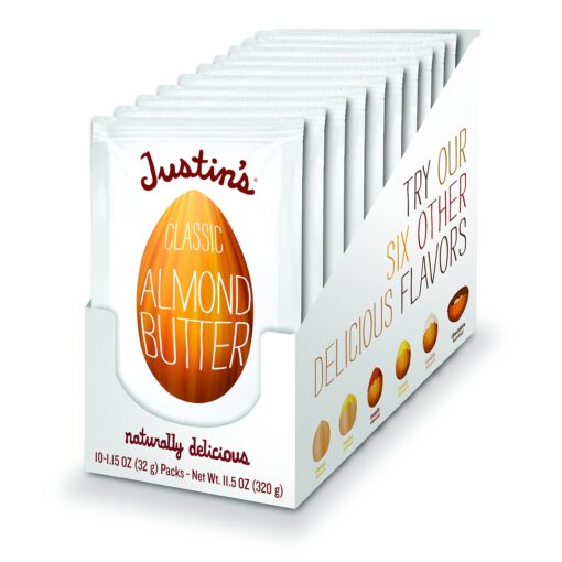 Classic Almond Butter Squeeze Packs by Justin's, Only Two Ingredients, Gluten-free, Non-GMO, Vegan, Sustainably Sourced, 3 Packs of 10 (1.15oz each) 11.5 Ounce (Pack of 3)