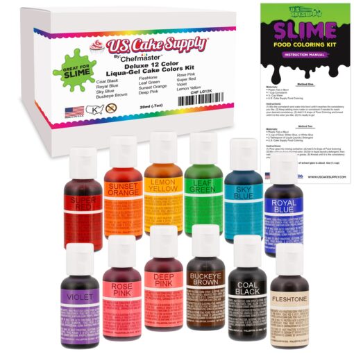 12 Color Food Coloring Liqua-Gel Decorating Kit – U.S. Art Supply Food Grade, 0.75 fl. oz. (20ml) Bottles, Non-Toxic Primary Popular Colors