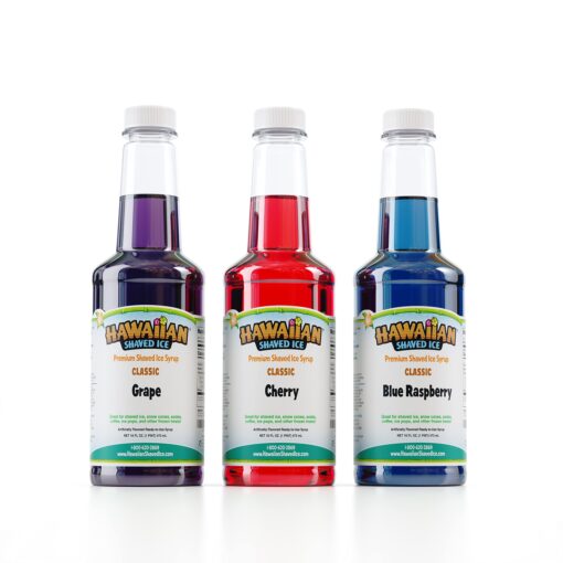 Hawaiian Shaved Ice Syrup Assortment, 3 - 16oz Bottles Of The Most Popular Flavors: Cherry, Grape, Blue Raspberry. Perfect For Shaved ice, Snow Cones, Sodas, Ice Pops, and Slushies. Allergy-friendly 16 Fl Oz (Pack of 3)