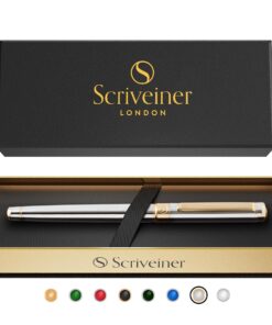 Scriveiner Silver Chrome Rollerball Pen - Stunning Luxury Pen with 24K Gold Finish, Schmidt Ink Refill, Best Roller Ball Pen Gift Set for Men & Women, Professional, Executive Office, Nice, Fancy Pens - Silver with Chrome 34 814hXO72dL