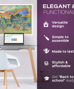 Alternative view of bonVIVO Massimo Small Desk - 43 Inch, Modern Computer Desk for Small Spaces, Living Room, Office and Bedroom - Study Table w/Glass Top and Shelf Space - White White/Glass 43" Desk