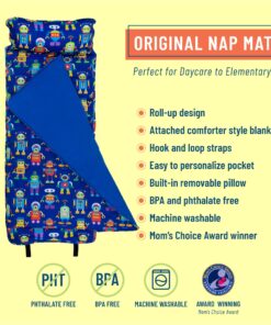 Wildkin Original Nap Mat with Reusable Pillow for Boys & Girls, Perfect for Elementary Daycare Sleepovers, Features Hook & Loop Fastener, Cotton Blend Materials Nap Mat for Kids (Robots) Robots 21 814nkd0zML