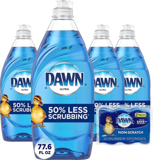 Dawn Ultra Dishwashing Liquid Dish Soap (4x19.4 Fl oz) + Non-Scratch Sponge (2 Count), Original Scent 77.60 Fl Oz (Pack of 1)