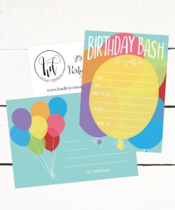 25 Balloon Rainbow Party Invitations for Kids, Teens, Adults, Boys & Girls, Blank Children Happy 1st Birthday Invitation Cards, Unique Baby First Bday Invites, Toddler 1 2 3 Year Old Invites Fill In 8 8155uO0DaL