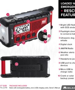 Midland - ER310, Emergency Crank Weather AM/FM Radio - Multiple Power Sources, SOS Emergency Flashlight, Ultrasonic Dog Whistle, & NOAA Weather Scan + Alert (Red/Black) 23 8157DW gndS 1