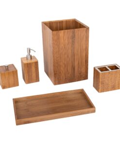 Alternative view of Seville Classics Bamboo Eco-Conscious Bathroom Vanity Organizer Set Kitchen Home Over The Sink Trash Bin, Soap, Cotton Ball Holder, Towel Tray, 5 Piece, Bamboo
