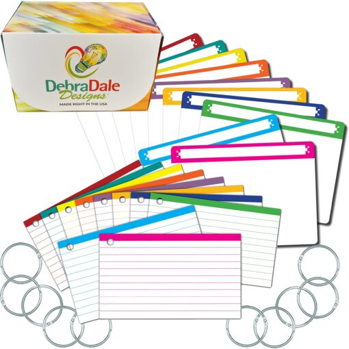 Debra Dale Designs - Color Bar Ruled Single Hole Punched Index Cards - 3" x 5" - 350 (35 each of 10 colors) - Matching divider cards - Standard 217 GSM Smooth White Card Stock - 10 Metal Binder Rings 3 x 5 110# Punched Inches