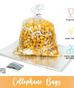 TATTI 100 Pack Clear Plastic Large Cellophane Bags 12x16 With 4inches Twist Ties, Plastic Cello Bags 1.4 mils for Cookies Candy Gift Birthday Party Favor (Pack of 100) 12x16 Inch (Pack of 100) 23 815SNrTZIrL