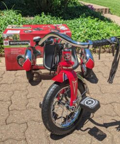 Schwinn Roadster Bike for Toddler, Kids Classic Tricycle, Low Positioned Steel Trike Frame with Bell and Handlebar Tassels, Rear Deck Made of Genuine Wood, for Boys and Girls Ages 2-4 Year Old, Red 37 815YeumzuML