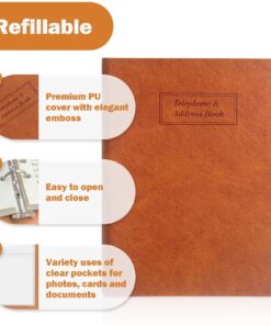 Refillable Address Book with Alphabetical Tabs, Hardcover Phone Book 576 Contact Book w/Pockets, Large Print Address Books for Seniors, A5, Brown 10 8165fWYbsCL