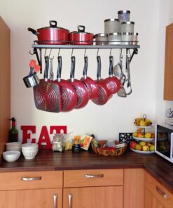 30" Wall mounted pots and pans rack. Pot holders wall shelves with 12 hooks. Kitchen shelves wall mounted with wall hooks. Kitchen storage pot holder pot rack. Pot pan organizer. Pot Pan rack. 24 816BL8FkHOL