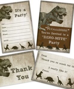 Dinosaur Birthday Party Pack - 12 Invitations, 12 Thank You Cards, 24 Envelopes - Dinosaur Birthday Party Supplies - Birthday Invites for Boys