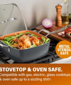 Gotham Steel Nonstick Square Deep Frying Pan, 9.5” Large Cooking Pan with Ceramic Nonstick Coating, 4 Pc Titanium Ceramic with Lid, Basket & Steamer Tray, Dishwasher Safe 30 816Nfp0gMlL