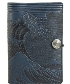 Oberon Design Genuine Leather Refillable Journal Cover with a Hardbound Blank Insert, 6x9 Inches, Hokusai Wave, Navy with a Pewter Button, Made in the USA 10 816RHTIzWL