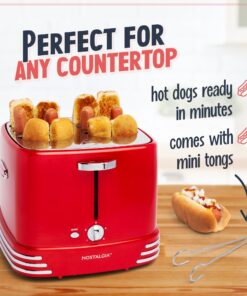 Nostalgia 4 Slot Hot Dog and Bun Toaster with Mini Tongs, Hot Dog Toaster Works with Chicken, Turkey, Veggie Links, Sausages and Brats, Metallic Red Hot Dog Toaster Red 4 Slot 12 816RSRE gbL