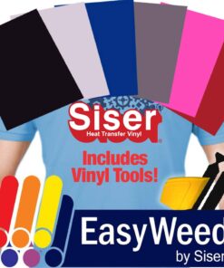 SISER Heat Transfer Vinyl, 12 x 15 Inch 6-Color Starter Bundle Including Vinyl Wrap Toolkit Yellow Detailer Squeegee & Felt Edges