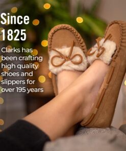 Clarks Womens Folded Tongue Suede Leather Moccasin Slipper ICH30746C - Plush Faux Fur Lining - Indoor Outdoor House Slippers For Women 8 Cinnamon 11 816TifuCfJL