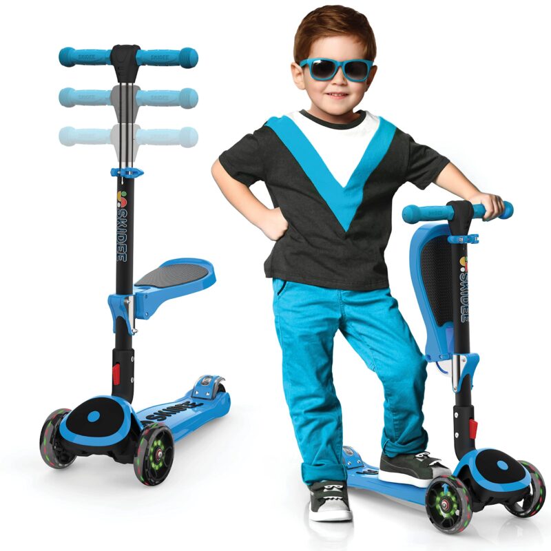 Catalog 4 Skidee Toddler Scooter –Kids Scooter, LED 3 Wheel Scooter, Adjustable Handles, Rear Brake, Durable, Foldable Seat, Folding Scooter, Outdoor Toys, Kick Scooters for Boys and Girls, Ages 3 and up Blue Y200- w/o music