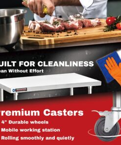 DuraSteel Food Prep Stainless Steel Table - 24 x 30 Inch Metal Table Cart - Commercial Workbench with Caster Wheel - NSF Certified - For Restaurant, Warehouse, Home, Kitchen, Garage, Chrome 24" x 30" Table + 4 Casters Table + One Shelf 22 816ofdZ46L